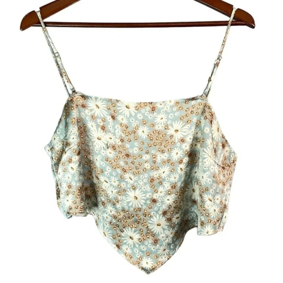 GARAGE Floral Printed Satin Handkerchief Tie Crop Top Sea-foam Blue Open Back L - Picture 10 of 10